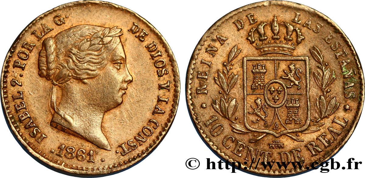 ESPAGNE 10 Centimos de Real Isabelle II / écu couronné 1861 Ségovie TTB 