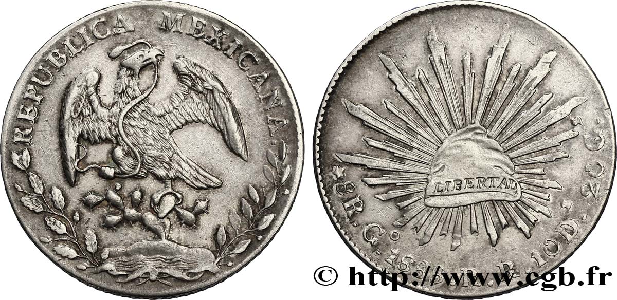 MEXIQUE 8 Reales Aigle / bonnet phrygien sur soleil surfrappe 1875/6 1888 Guanajuato - G° TTB 