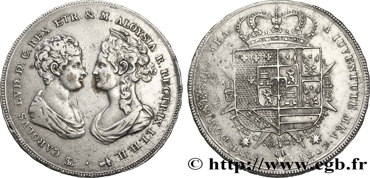 ITALY - KINGDOM OF ETRURIA 10 Paoli ou Francescone Ouis Ier et Marie-Louise de Bourbon 1807 Florence VF 