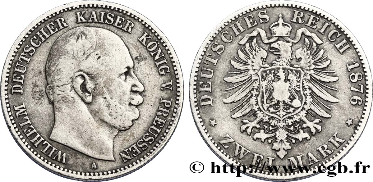 ALLEMAGNE - PRUSSE 2 Mark royaume de Prusse Guillaume Ier, 1e type / aigle héraldique 1876 Berlin TB 