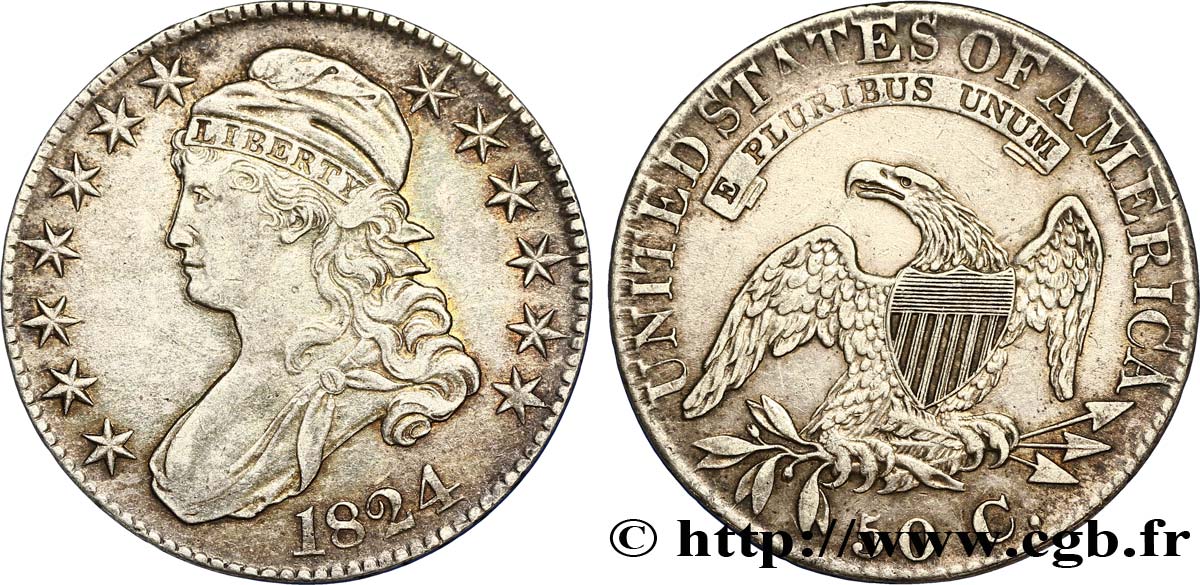 ÉTATS-UNIS D AMÉRIQUE 50 Cents (1/2 Dollar) type “Capped Bust” 1824 Philadelphie TTB+ 