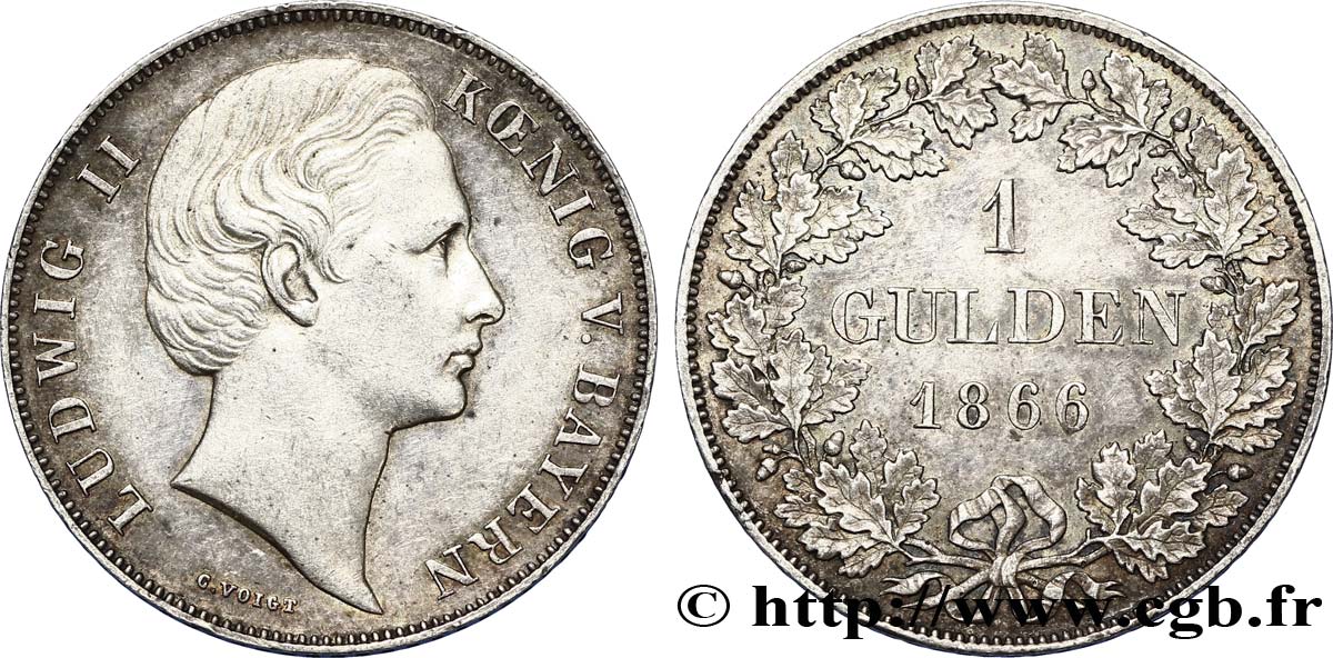 ALLEMAGNE - BAVIÈRE 1 Gulden Louis II roi de Bavière 2e type 1866  SUP 