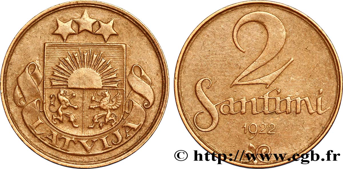 LETTONIE 2 Santimi emblème variété sans nom d’atelier 1922 Huguenin, Le Locle, Suisse TTB 