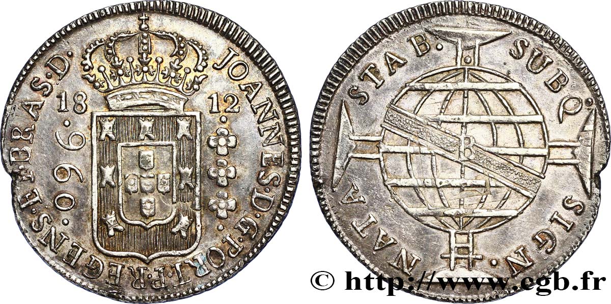 BRÉSIL 960 Réis, surfrappé sur un 8 Reales de Charles IV 1812 Bahia TTB+ 
