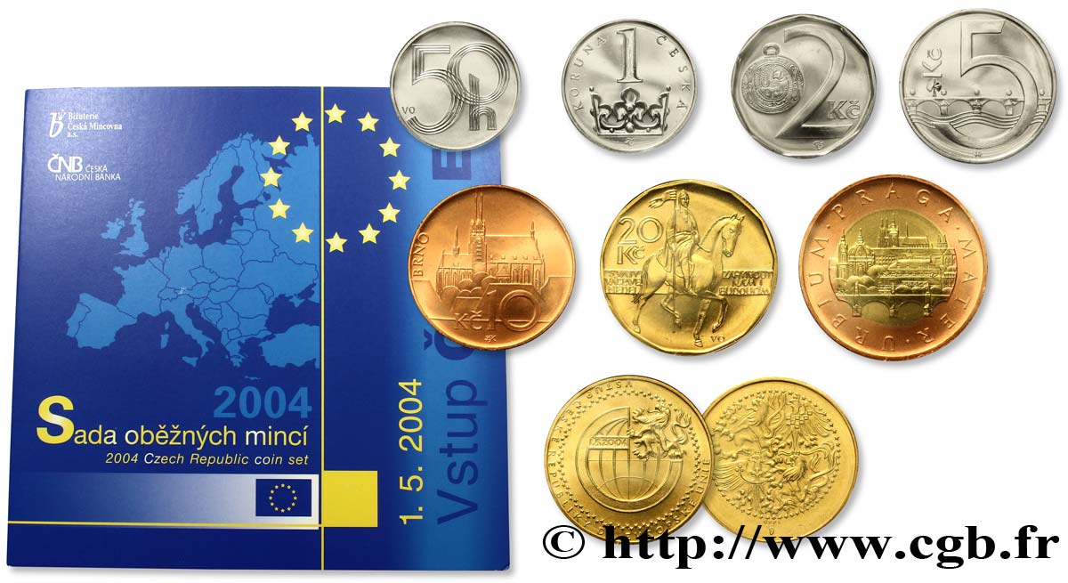 RÉPUBLIQUE TCHÈQUE Série Proof 7 monnaies 2004 entrée dans l’Union Européenne 2004 Jablonec nad Nisou FDC 
