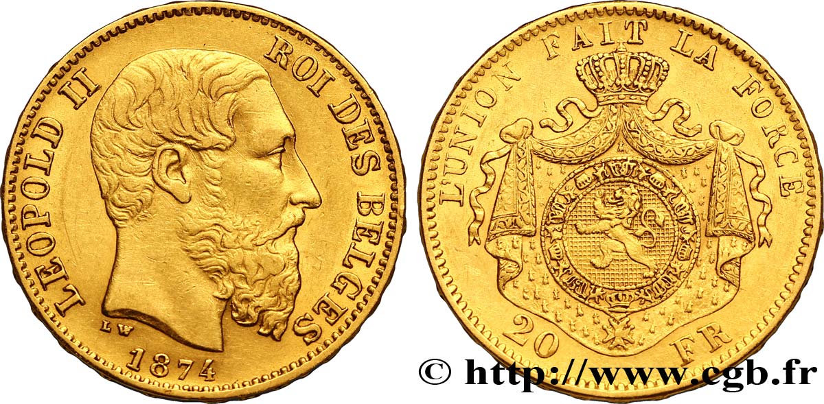 BELGIQUE 20 Francs Léopold II 1874 Bruxelles SUP 