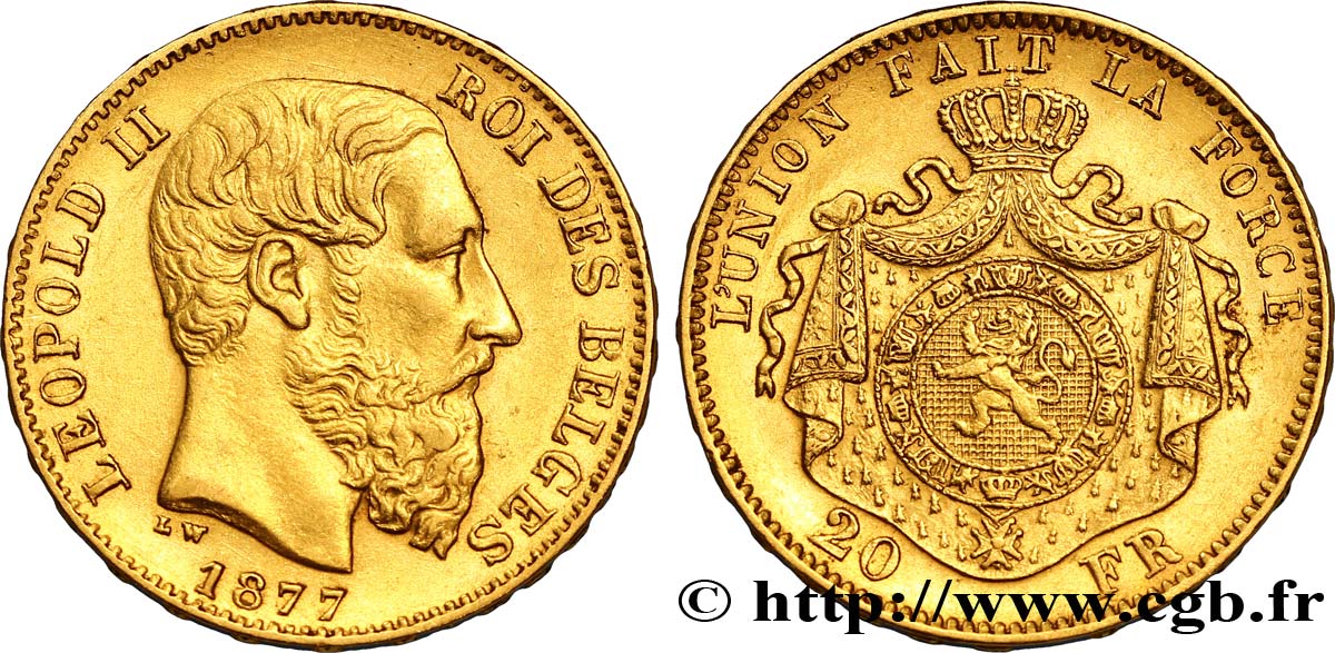 BELGIQUE 20 Francs Léopold II 1877 Bruxelles SUP 