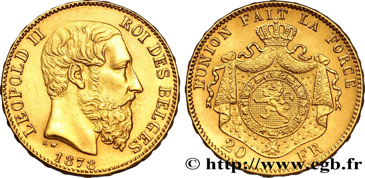 BELGIQUE 20 Francs Léopold II 1878 Bruxelles SUP 