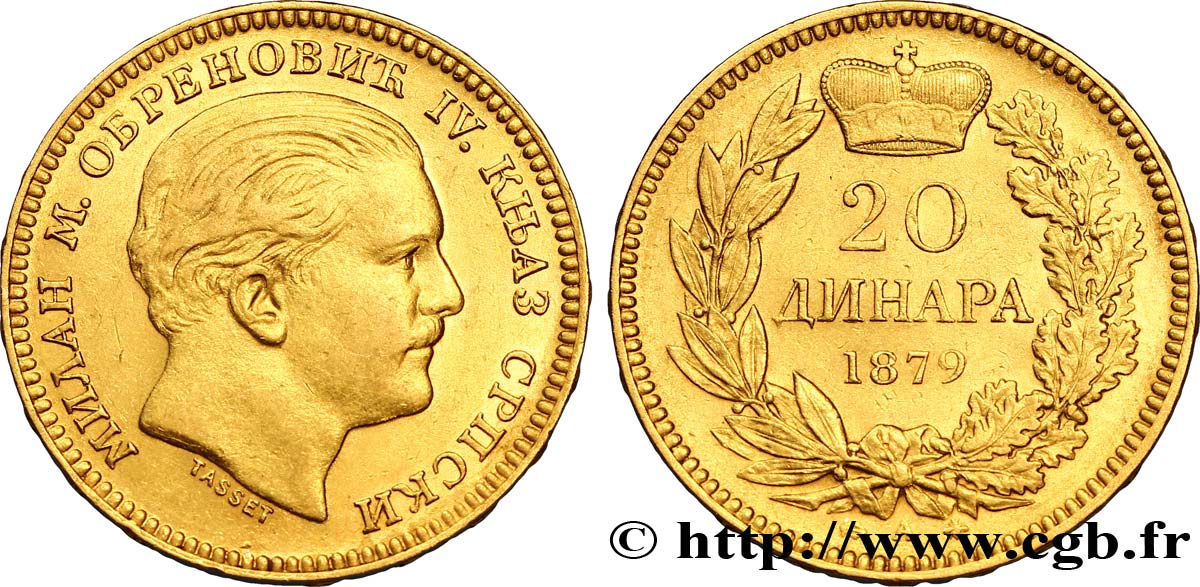 SERBIE 20 Dinara en or Milan IV Obrénovitch 1879 Paris SUP 