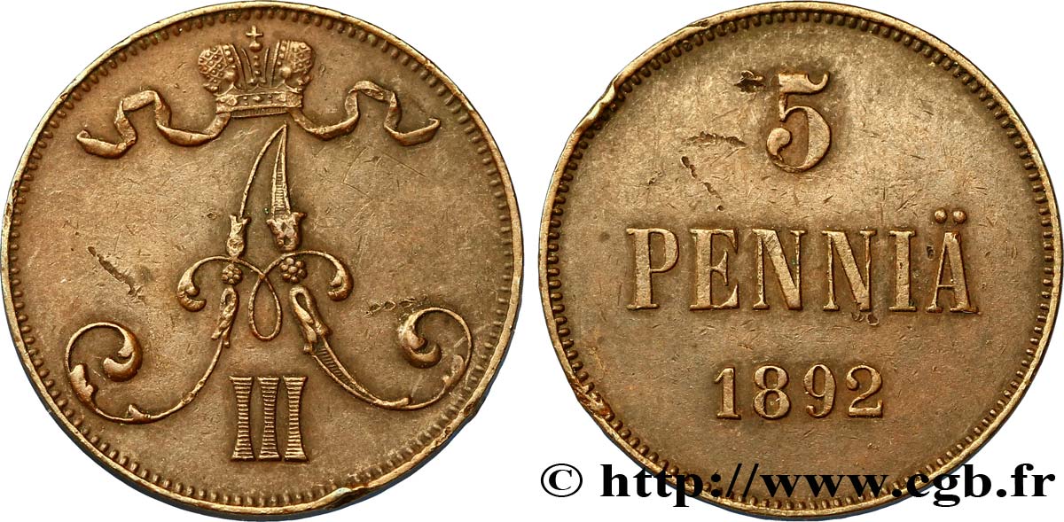 FINLANDE 5 Pennia monogramme Tsar Alexandre III 1892  TTB 