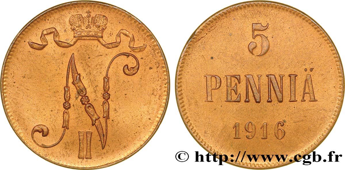 FINLANDIA 5 Pennia monogramme Tsar Nicolas II 1916  SC 
