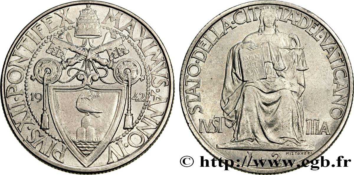 VATICAN AND PAPAL STATES 2 Lire armes du Vatican, pontificat de Pie XII an IV / allégorie de la justice 1942  MS 