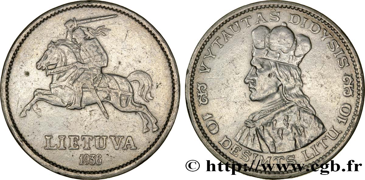LITHUANIA 10 Litu chevalier Vitis / Vytautas le Grand 1936  XF 