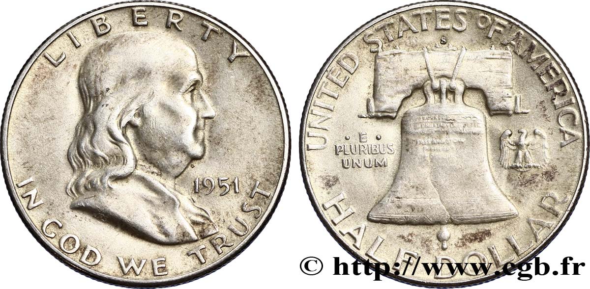 ÉTATS-UNIS D AMÉRIQUE 1/2 Dollar Benjamin Franklin 1951 Philadelphie TTB 