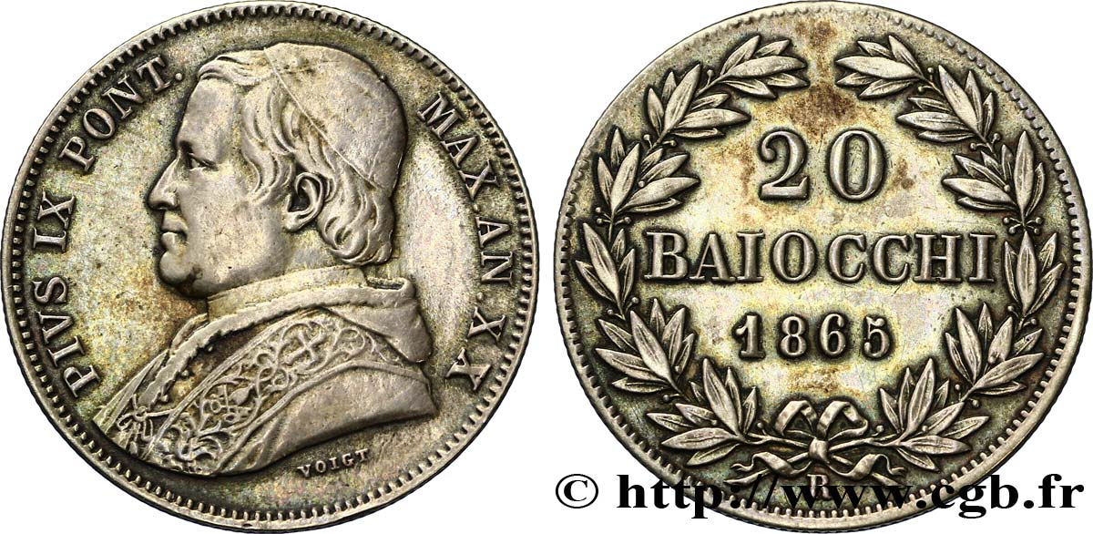VATICAN AND PAPAL STATES 20 Baiocchi Pie IX an XX 1865 Rome XF 