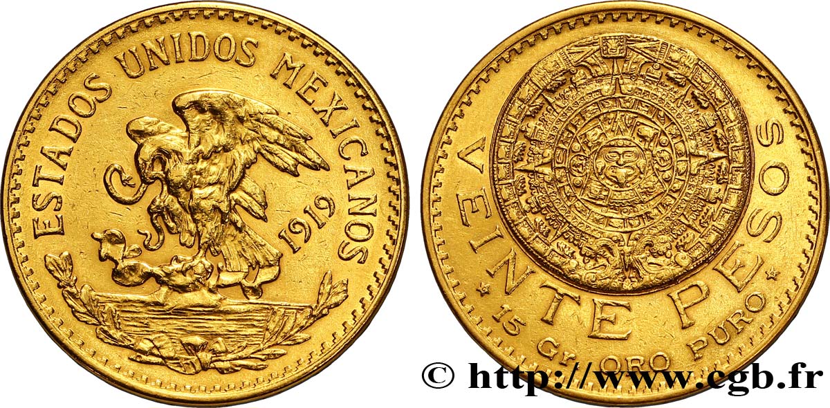 MEXIQUE 20 Pesos or Aigle du Mexique / la “Pierre du Soleil” (calendrier aztèque) - frappe d’origine 1919 Mexico SUP 