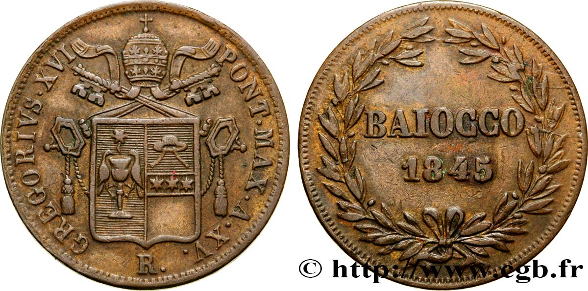 VATICAN AND PAPAL STATES 1 Baiocco frappé au nom de Grégoire XVI an XV 1845 Rome AU 
