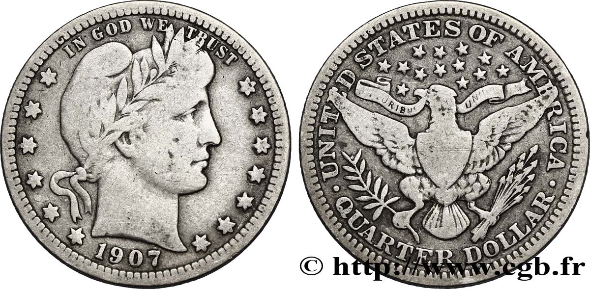 UNITED STATES OF AMERICA 1/4 Dollar Barber 1907 Philadelphie VF 