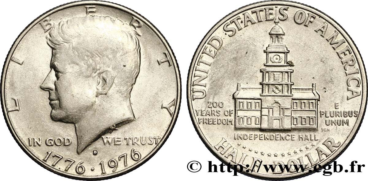 ÉTATS-UNIS D AMÉRIQUE 1/2 Dollar Kennedy / Independence Hall bicentennaire 1976 Denver TTB 