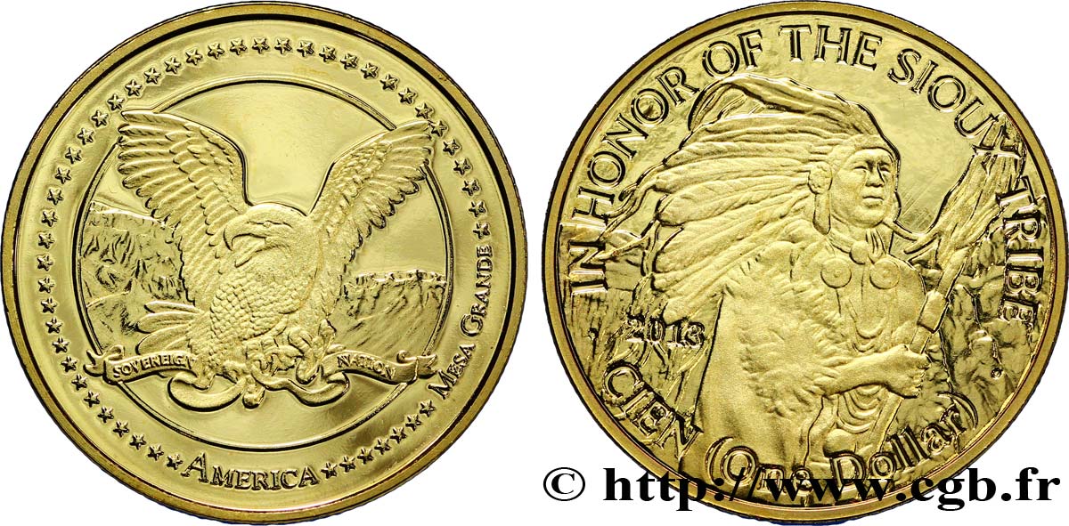 ÉTATS UNIS D AMÉRIQUE - Tribus Amérindiennes 1 Dollar Proof Mesa Grande : tribu Sioux 2013  FDC 