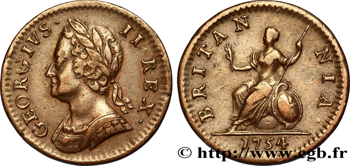 ROYAUME-UNI 1 Farthing Georges II / Britannia 1754  TB+ 