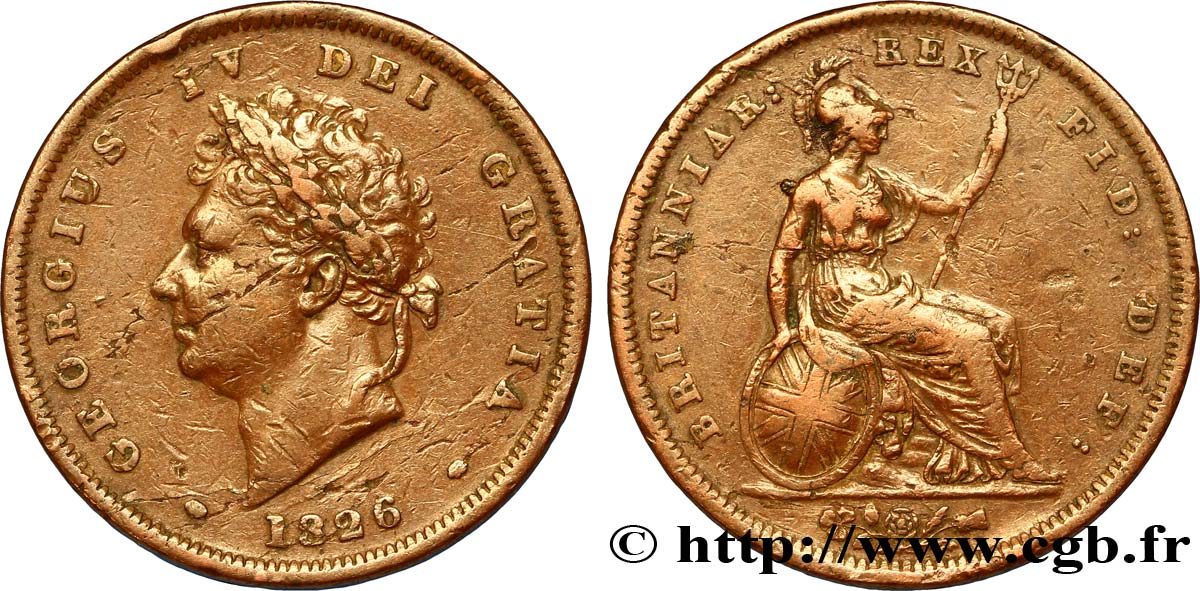 ROYAUME-UNI 1 Penny Georges IV tête laurée / Britannia 1826  TB 