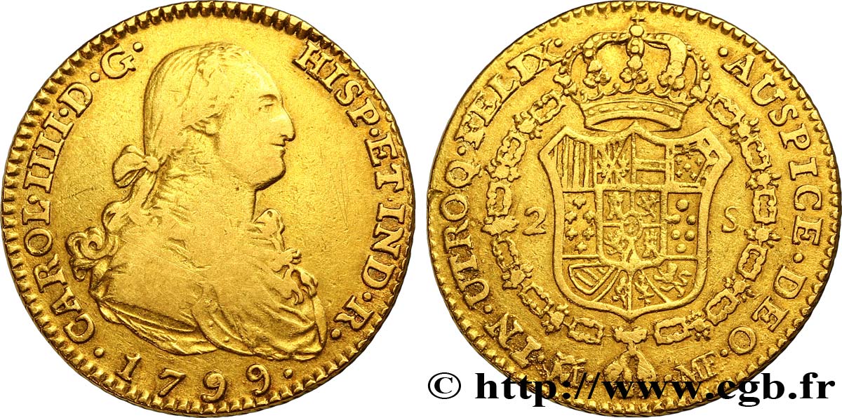 ESPAGNE 2 Escudos OR Charles IIII / écu couronné 1799 Madrid TB+ 