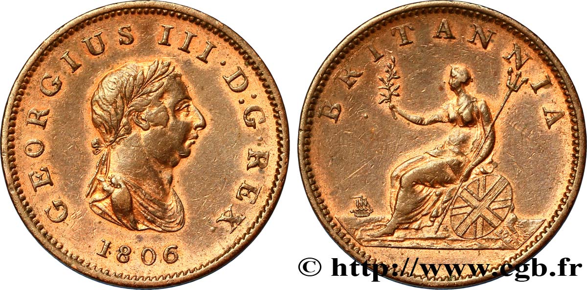 ROYAUME-UNI 1/2 Penny Georges III tête laurée 1806  TTB 