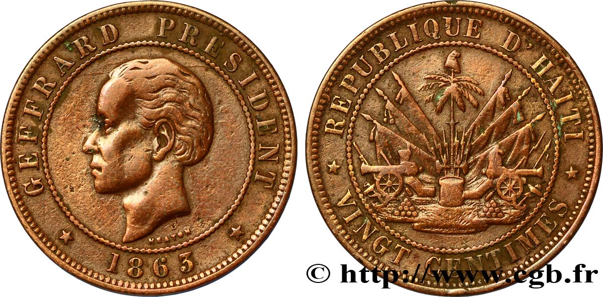 HAÏTI 20 Centimes République d’Haiti emblème / président Geffrard 1863 Heaton TB+ 
