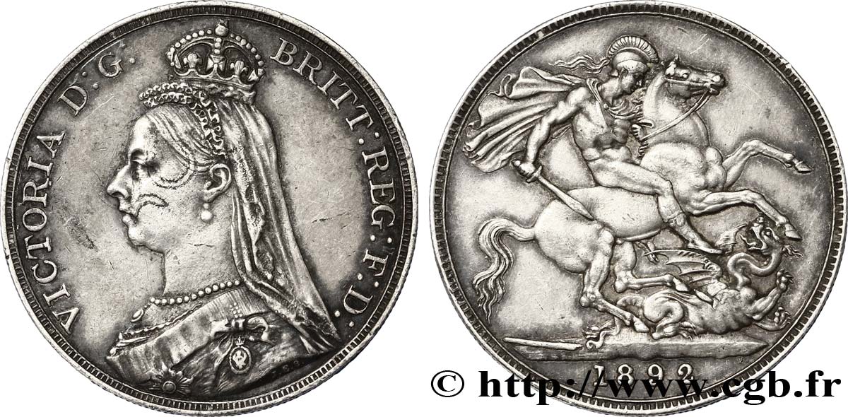 ROYAUME-UNI 1 Crown Victoria buste du jubilé / St Georges 1892  TB+ 