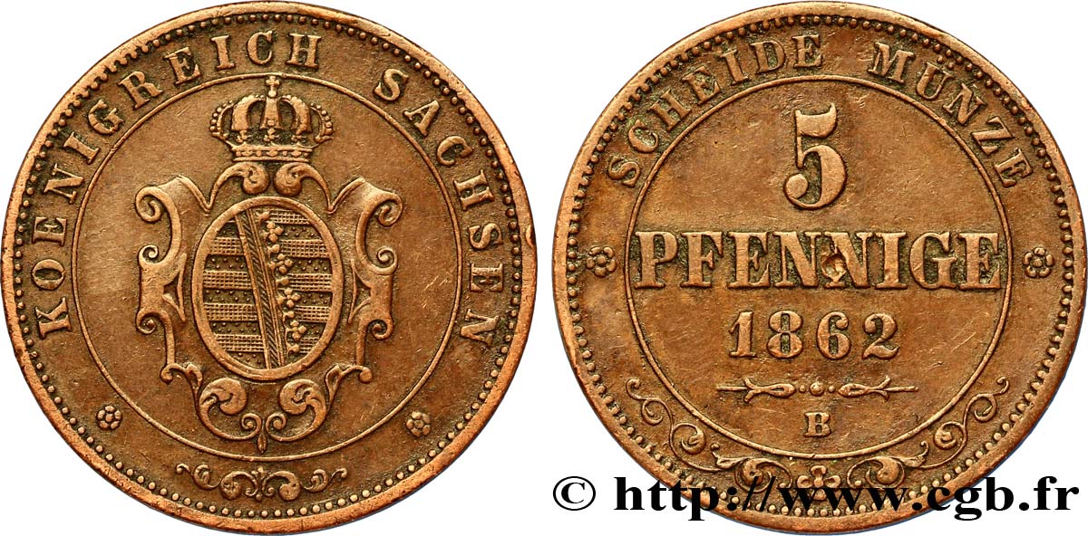 GERMANY - SAXONY 5 Pfennige Royaume de Saxe, blason 1862 Dresde XF 