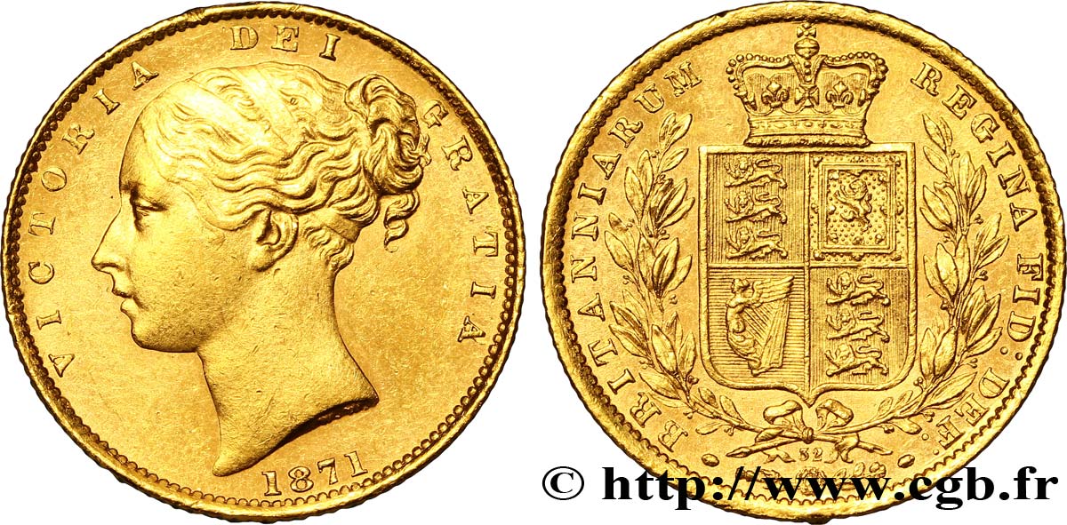 ROYAUME-UNI 1 Souverain Victoria buste jeune / blason variété avec numéro de coin, coin n°32 1871 Londres TTB+ 
