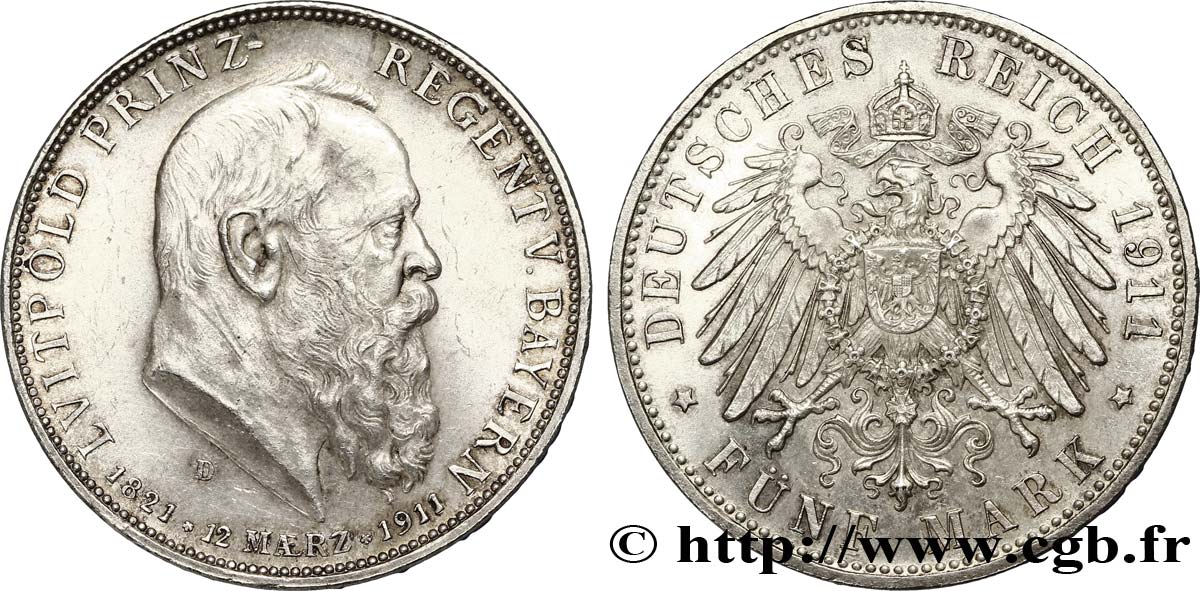 ALLEMAGNE - BAVIÈRE 5 Mark Léopold Prince-Régent de Bavière / aigle impérial héraldique 1911 Munich - D SUP 