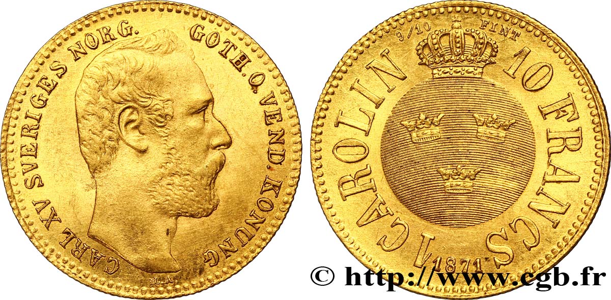 SUÈDE 1 Carolin ou 10 Francs or Charles XV 1871
  SPL 