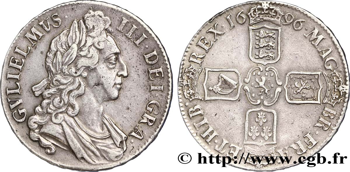 ROYAUME-UNI 1 Crown Guillaume III / armes tranche OCTAVO 1696  TTB+ 