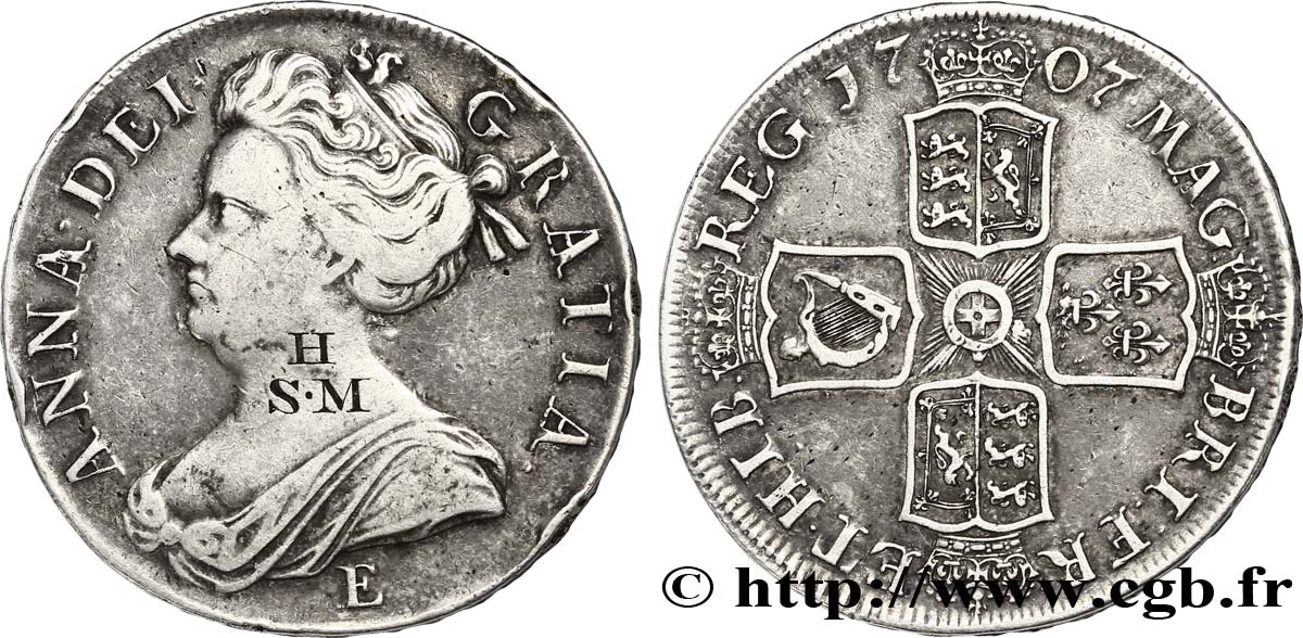 ROYAUME-UNI 1 Crown reine Anne / armes, 6e année de règne (“sexto” sur la tranche) contremarquée 1707 Edimbourg TB+ 