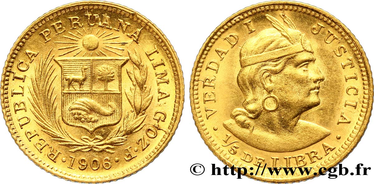 PÉROU 1/5 Libra or emblème / indien 1906 Lima SUP 