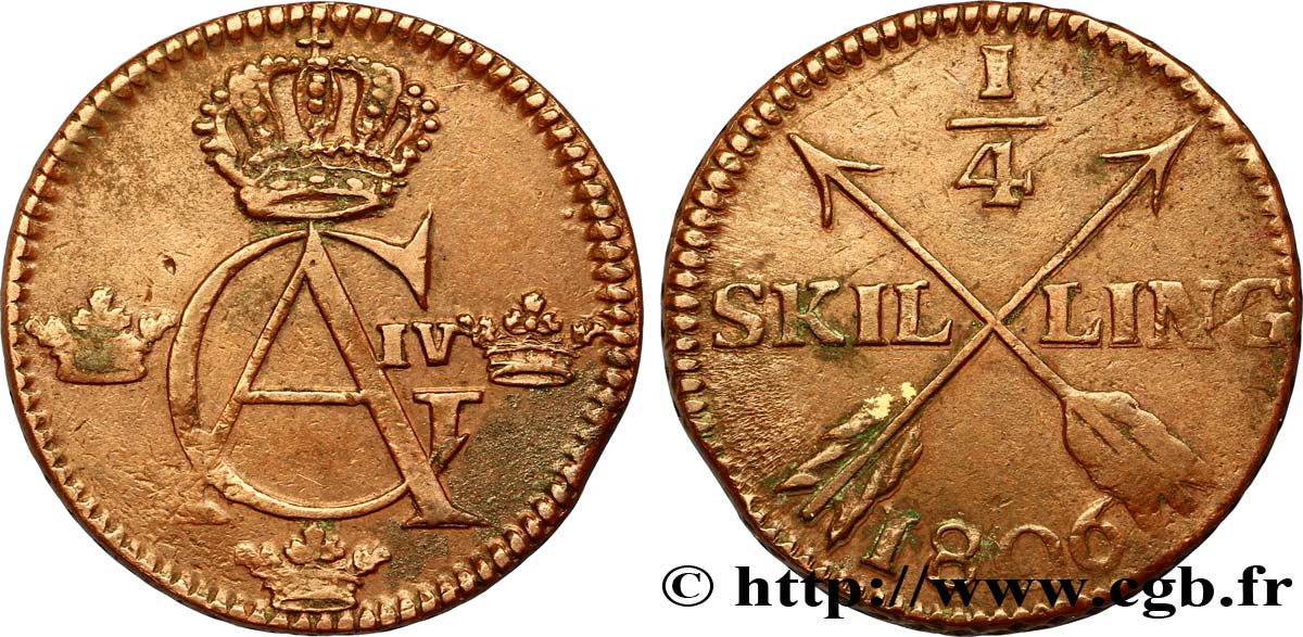 SUÈDE 1/4 Skilling monogramme du roi Gustave IV Adolphe 1806  TB+ 