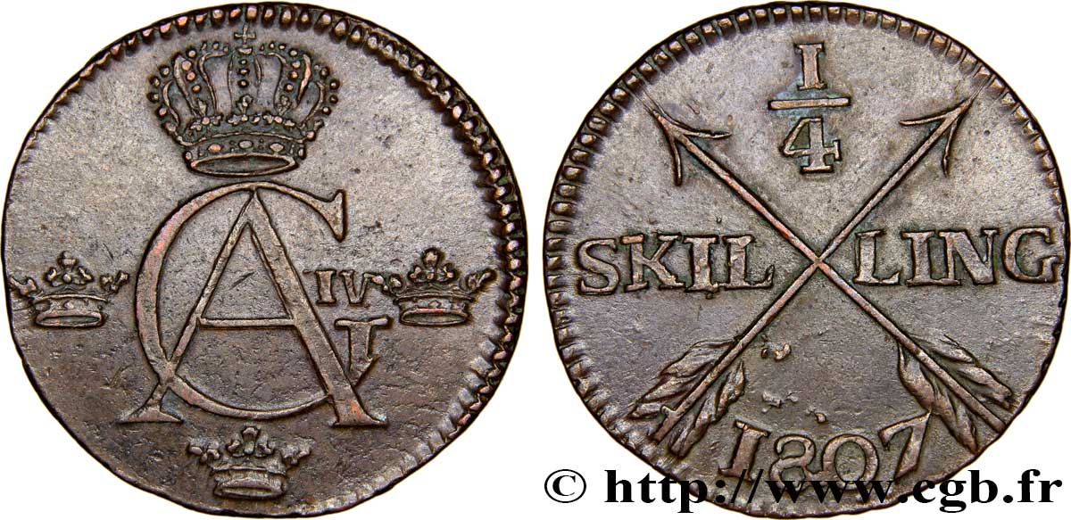 SUÈDE 1/4 Skilling monogramme du roi Gustave IV Adolphe 1807  SUP 