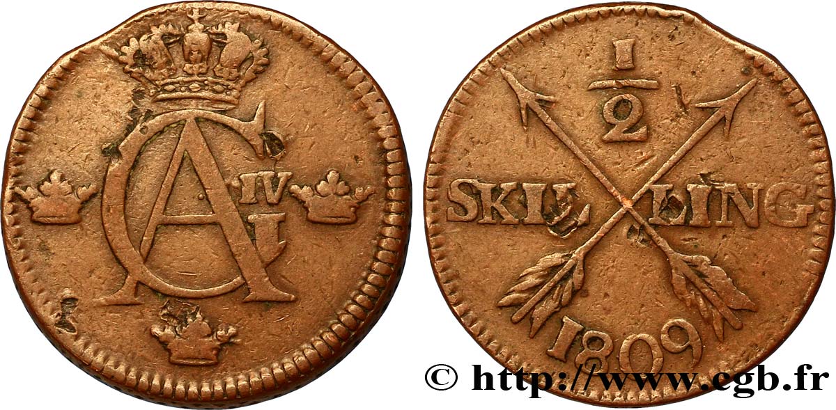 SUECIA 1/2 Skilling monogramme du roi Gustave IV Adolphe 1809  BC 