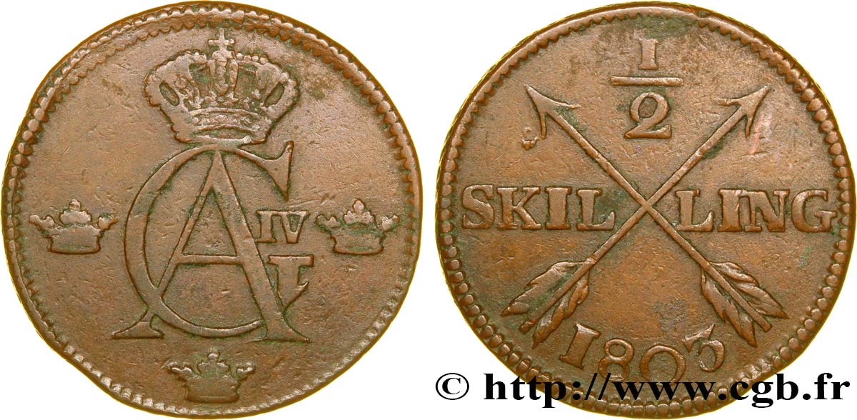 SUÈDE 1/2 Skilling monogramme du roi Gustave IV Adolphe 1803  TB+ 