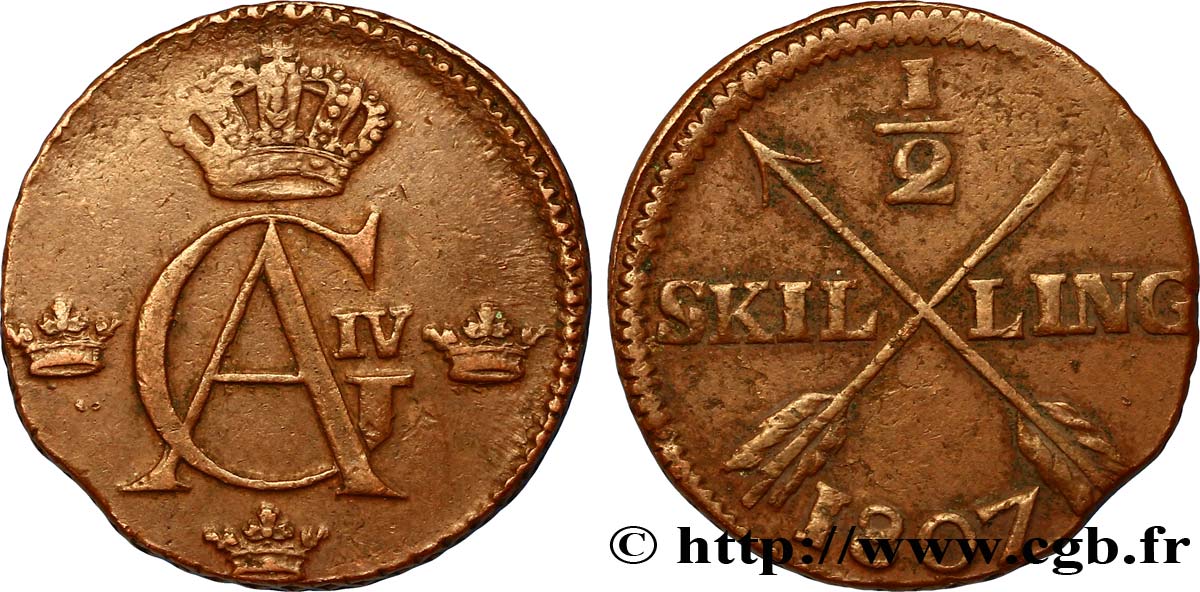 SWEDEN 1/2 Skilling monogramme du roi Gustave IV Adolphe 1807  VF 