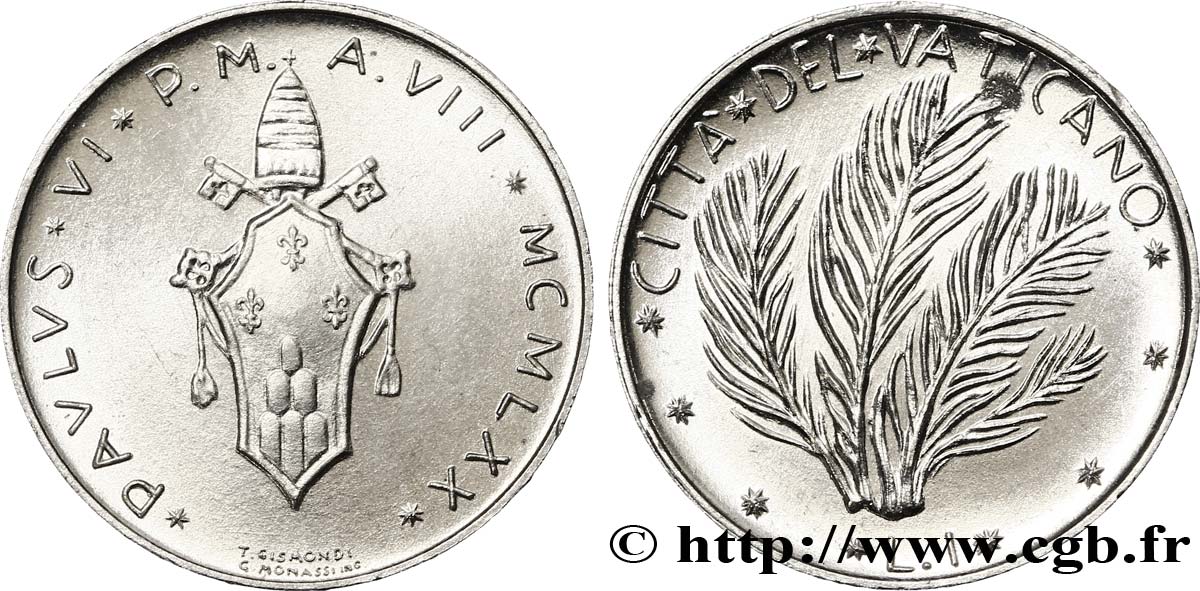 VATICAN AND PAPAL STATES 1 Lire armes An VIII du pontificat de Paul VI / palmes 1970 Rome MS 