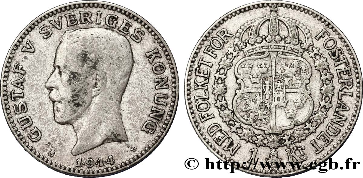 SUECIA 1 Krona Gustave V 1914  BC+ 