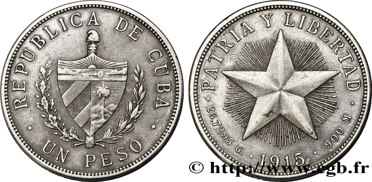 CUBA 1 Peso emblème / étoile 1915  TTB 