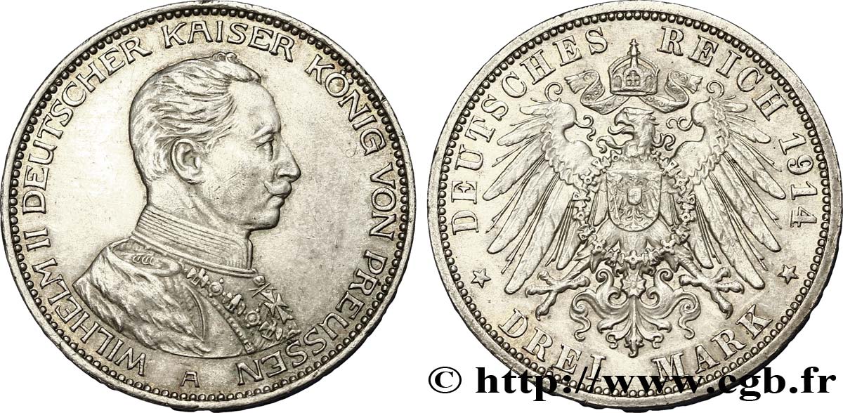 GERMANIA - PRUSSIA 3 Mark Guillaume II roi de Prusse et empereur en uniforme / aigle héraldique 1914 Berlin SPL 