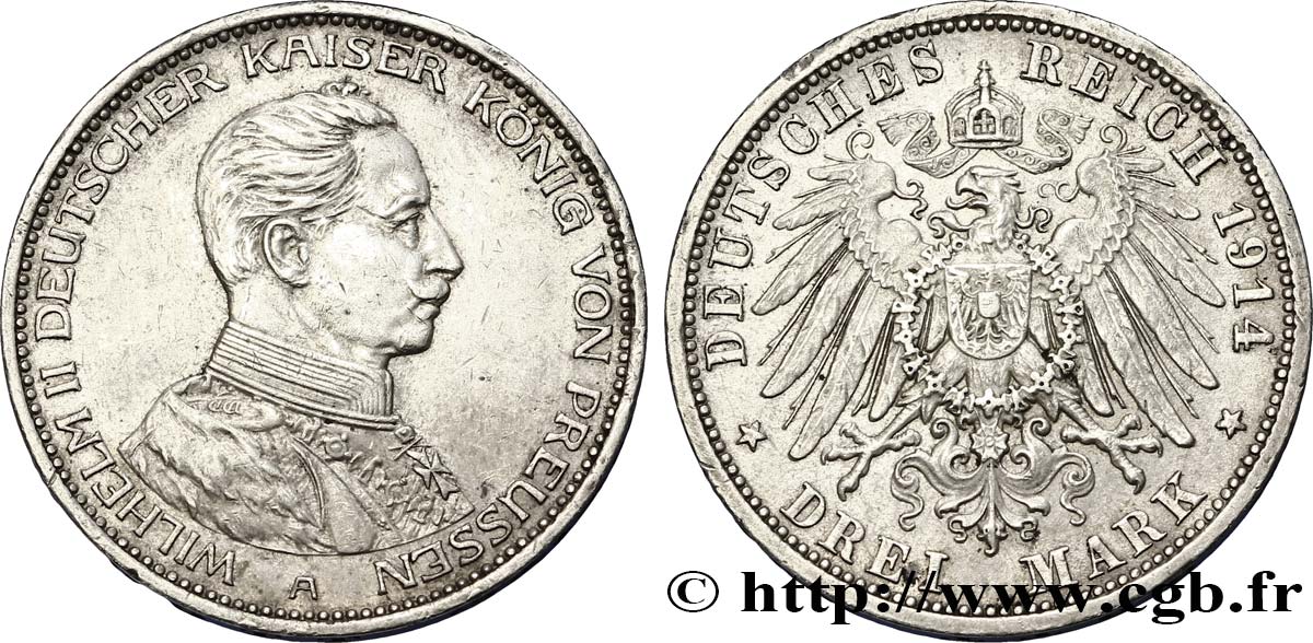 ALLEMAGNE - PRUSSE 3 Mark Guillaume II 1914 Berlin TTB+ 