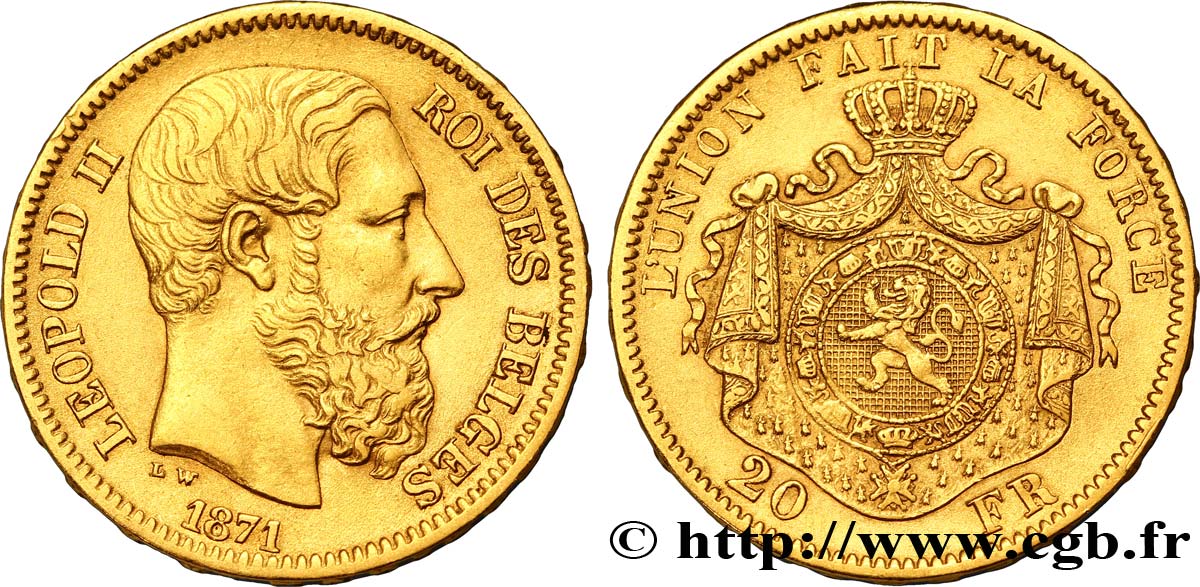 BELGIUM 20 Francs or Léopold II  tranche position A 1871 Bruxelles AU 