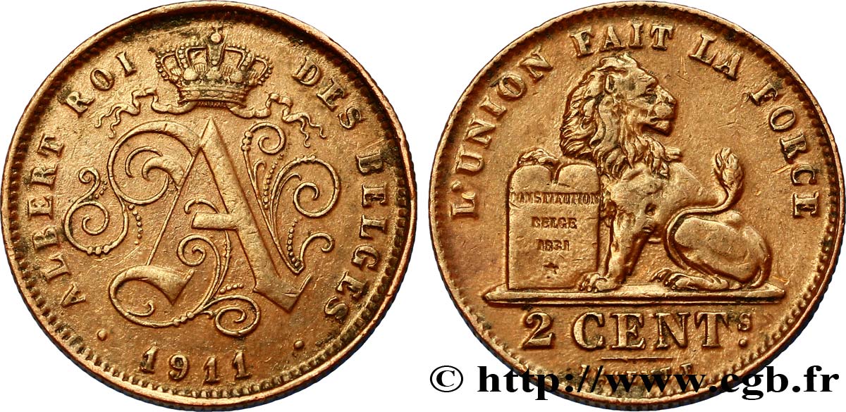 BELGIQUE 2 Centimes lion monogramme de Albert Ier légende française 1911  TTB+ 
