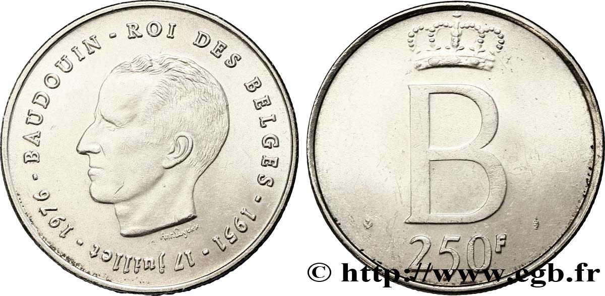BELGIEN 250 Francs jubilé d’argent du roi Baudouin légende française 1976 Bruxelles VZ 